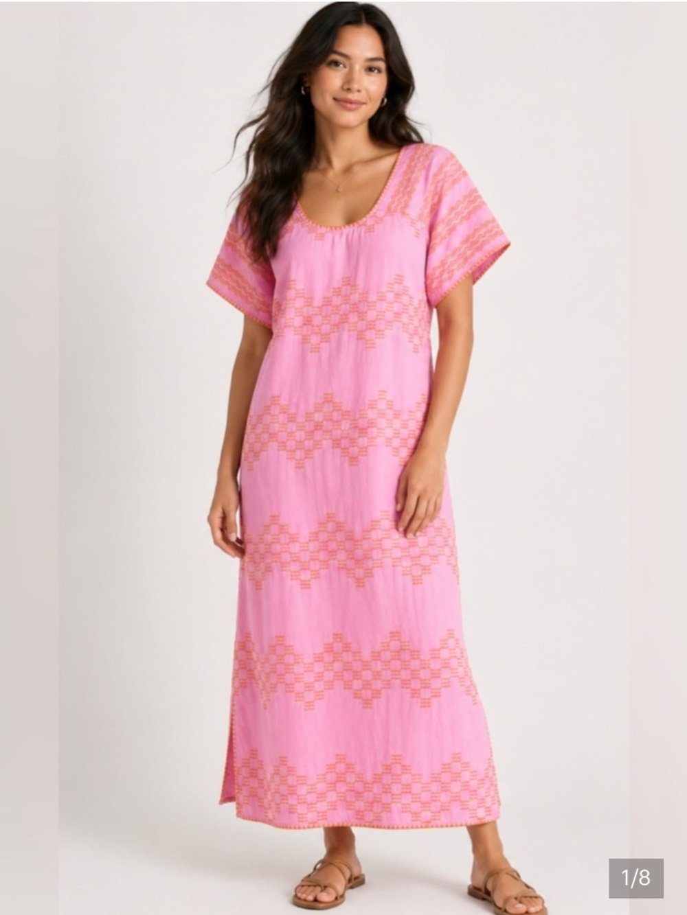 Marea Nosara Caftan In Pink With Geometric Zig-Zag Embroidery